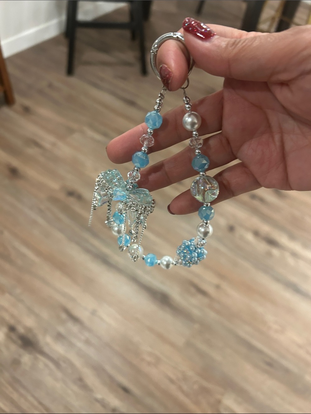 Handmade Blue Beaded Bow Charm Bracelet Keychain